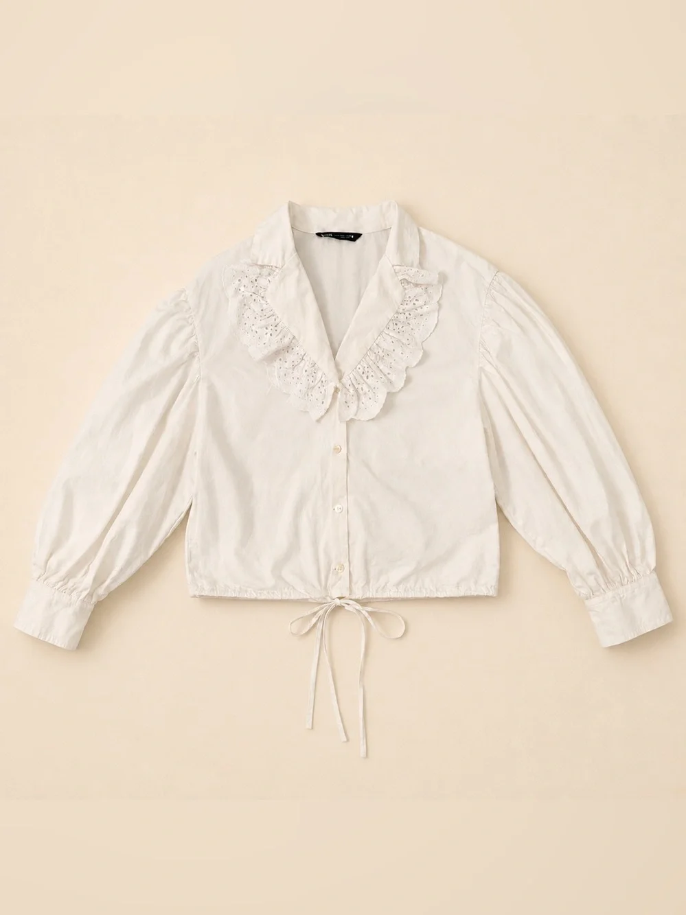 Zara White Eyelet Ruffle Collar Balloon Sleeve Boho Cropped Cotton Blouse Size L
